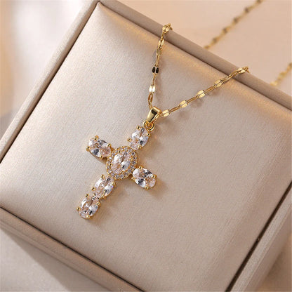 Elegant Rainbow Zircon Cross Pendant Necklace in Vintage Gold for Women