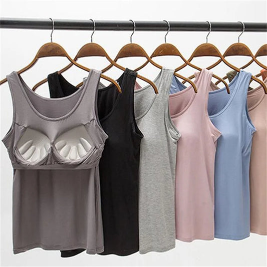 2023 Women’s Slim Fit Vest Tops with Built-In Bra Padded Neck Tank Casual Solid Color Shirts