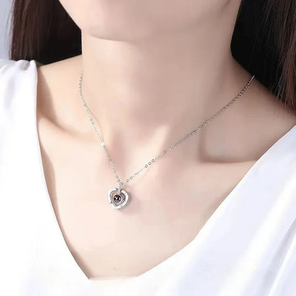 Silver Heart Pendant Necklace with 100 Languages I Love You Engraving for Women Anniversary Gift