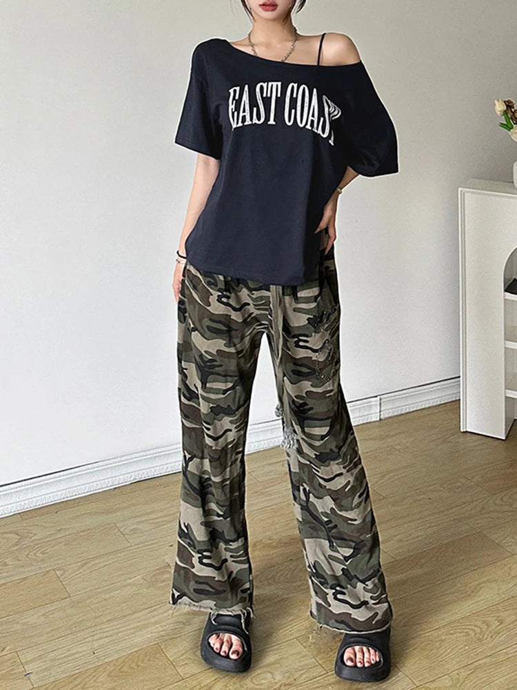 Off Shoulder Letter Print Tee Women Casual Summer Top