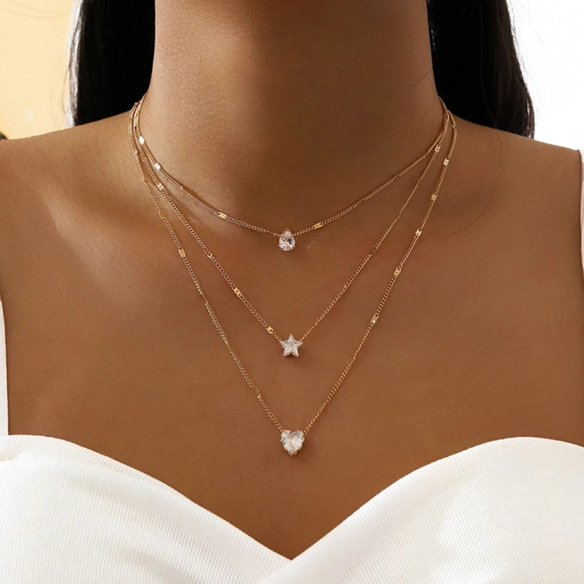 Multi-Layer Star and Heart Water Drop Pendant Necklace for Women - Alloy and Glass Design