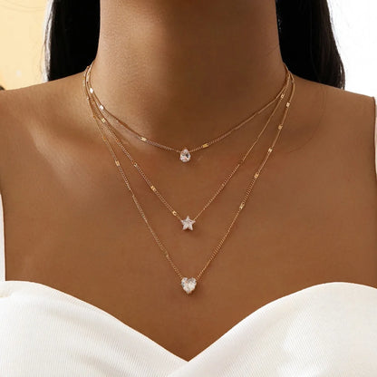 Multi-Layer Star and Heart Water Drop Pendant Necklace for Women - Alloy and Glass Design