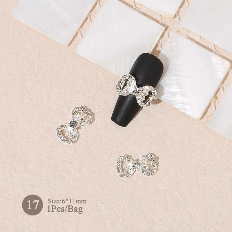 Elegant Gold Silver Metal Bowknot Nail Charm 3D Rhinestone Decor for DIY Manicure Art