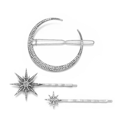 Geometric Stars & Moon Rhinestone Hair Clip Set - Top-Rated Bridal Hairpins for Women Antique Silver set