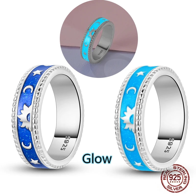 Hot Blue Zircon Ring For Women in 925 Sterling Silver Sparkling Star Moon Design Heart Shaped Original Wedding Jewelry LLTR305