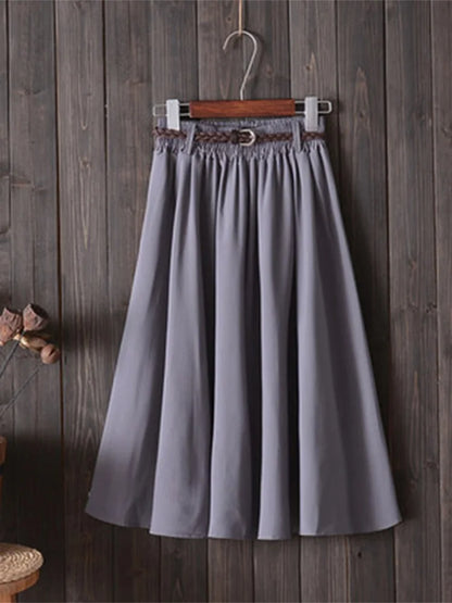 Midi Knee Length Skirt Women With Belt High Waist Pleated