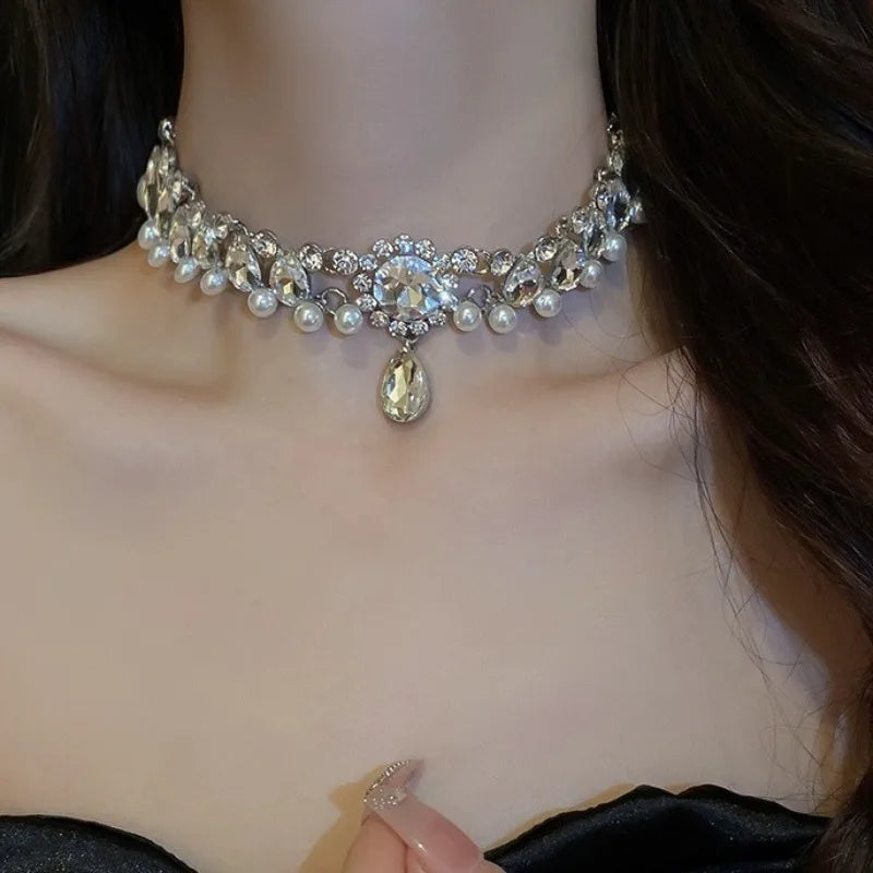 Crystal Water Drop Pendant Necklace for Women with Pearl Collarbone Chain