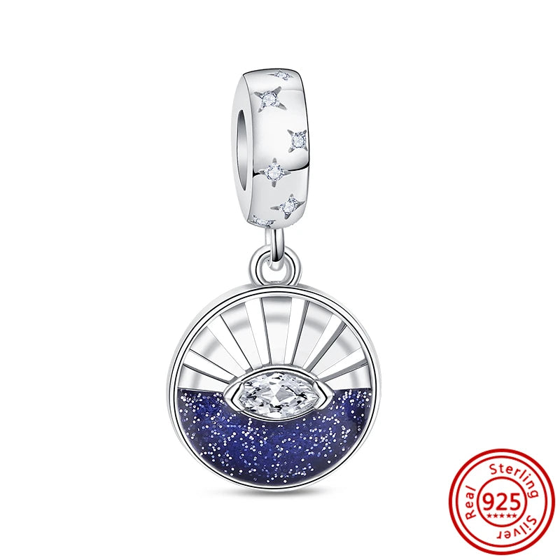 925 Sterling Silver Blue Zircon Feather Crown Stars Moon Charm Beads for Bracelet N666 3mm-4mm