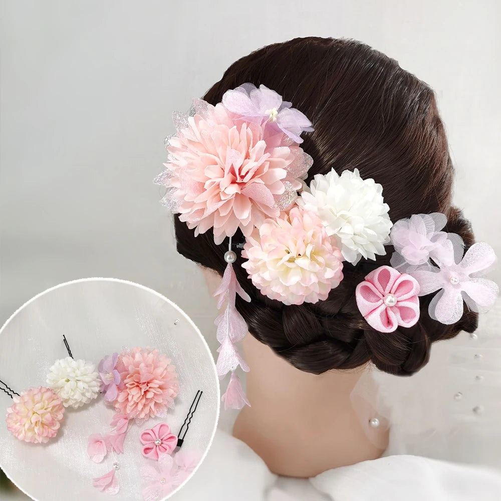Japanese Handmade Fabric Flower Kimono Hairpin with Tassel for Weddings and Festivals