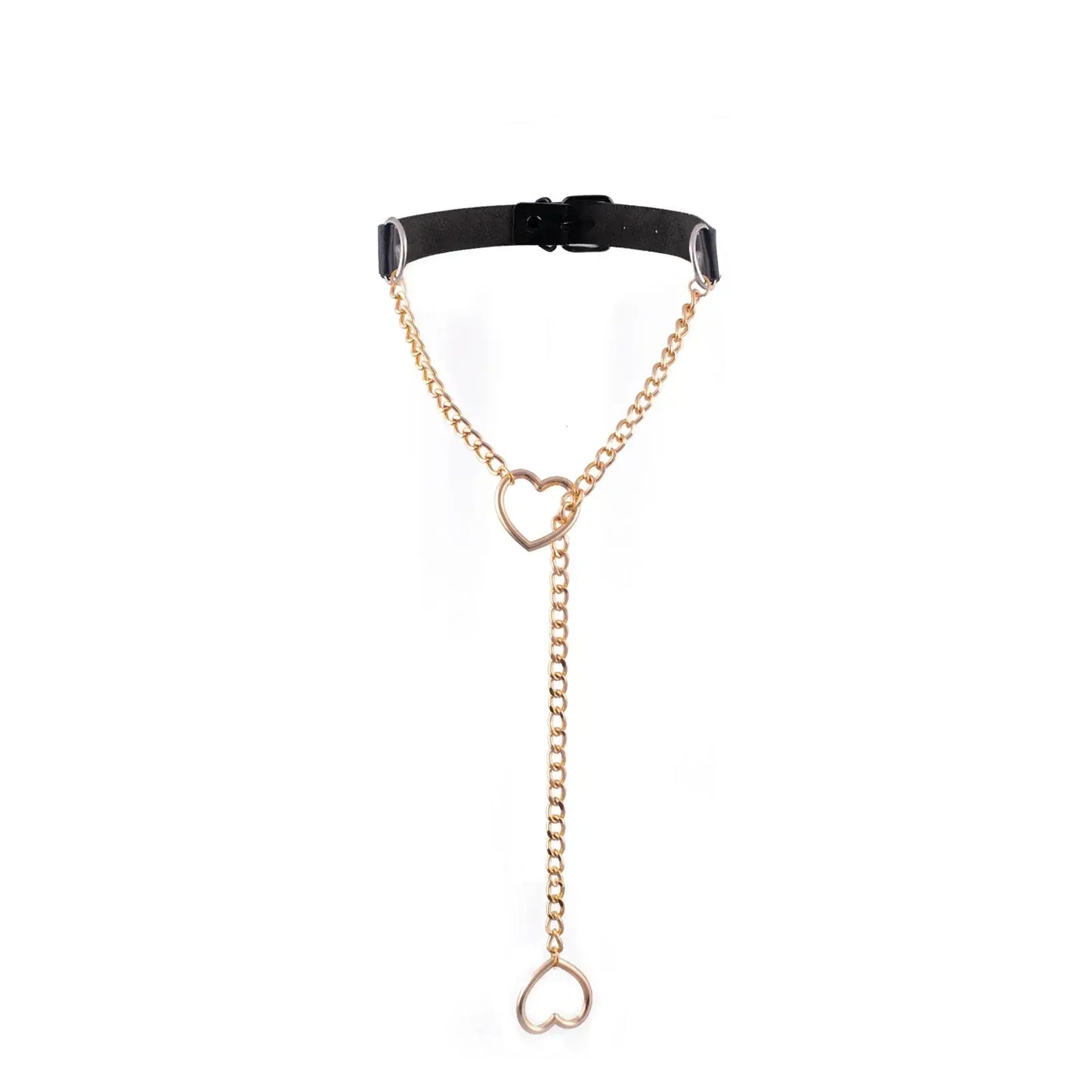 Heart Slip Chain Y Necklace Black Leather Choker for Women gold color