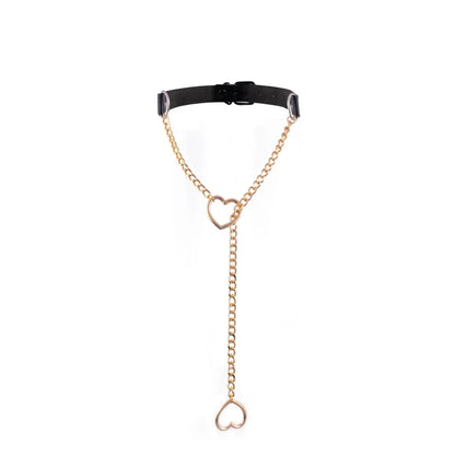 Heart Slip Chain Y Necklace Black Leather Choker for Women gold color