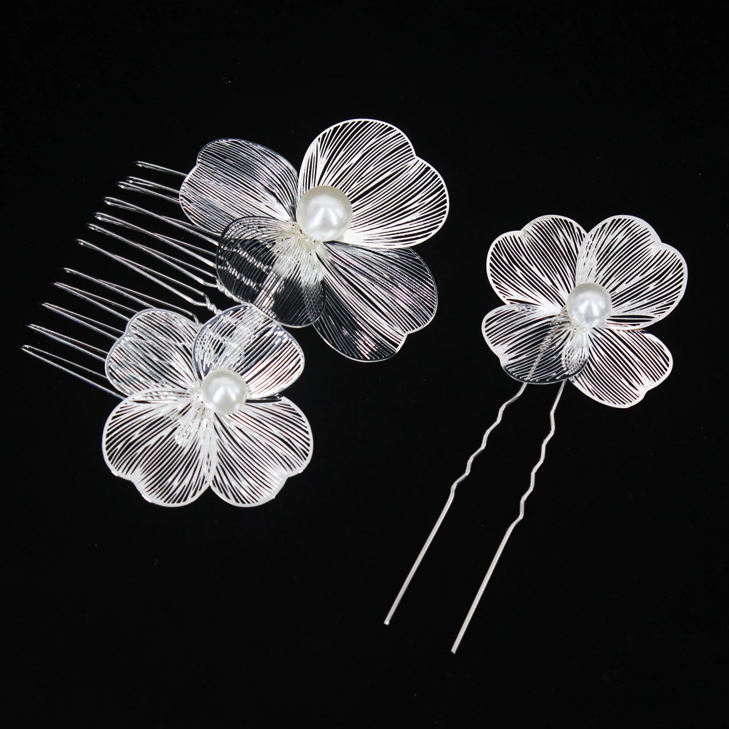 Bridal Bliss Flower Pearl Hair Comb Pins - 2PCS Wedding Accessories Comb Pin Silver