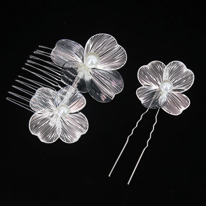 Bridal Bliss Flower Pearl Hair Comb Pins - 2PCS Wedding Accessories Comb Pin Silver
