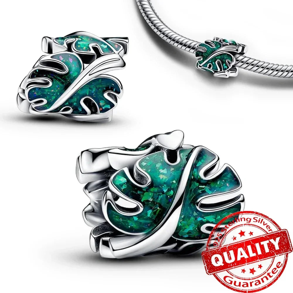 Green Monstera Leaf Charm 925 Sterling Silver Dangle Bracelet Jewelry for Women FCC401