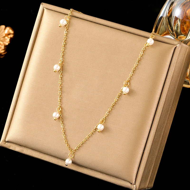 Ganemly Elegant 316L Stainless Steel Double Layer Pearl Necklace for Women 18K Gold Plated Waterproof Fashion Jewelry