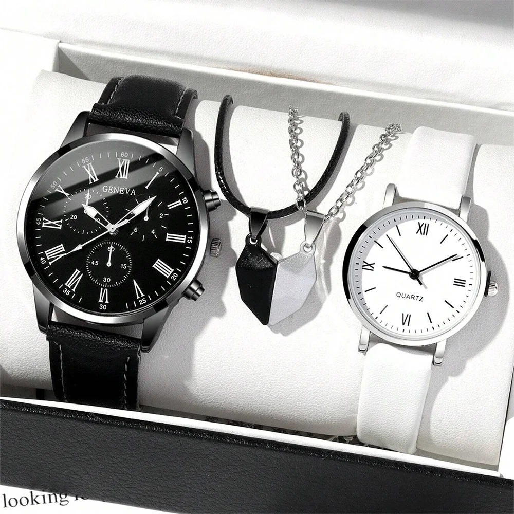 2PCS Set Couple Fashion Casual Leather Watches Simple Dial Black B