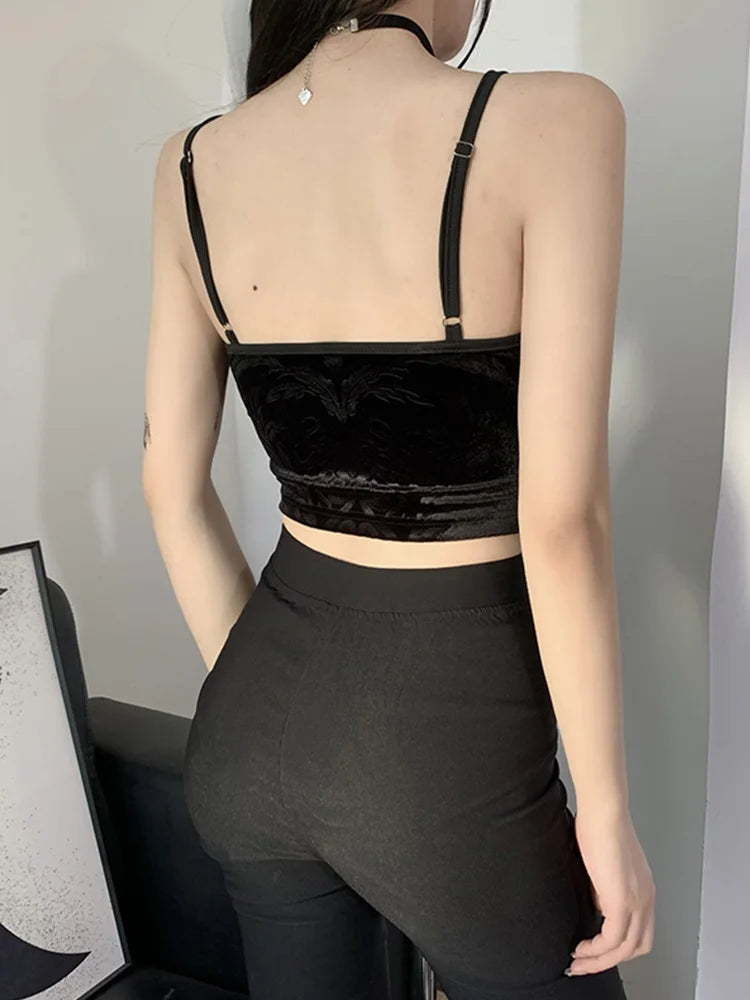 Womens Skeleton Print Crop Top Black Lace 90s Aesthetic