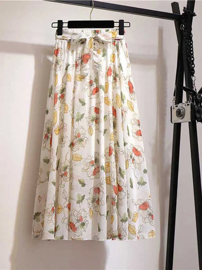 Chiffon Midi Skirt Women High Waist Korean Style White