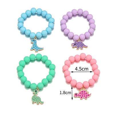 Adorable Cartoon Dinosaur Charm Elastic Bracelets for Girls Jewelry Gift Set