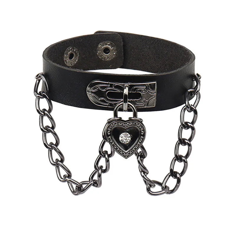 Gothic Punk Cat Heart Leather Bracelet For Women And Men