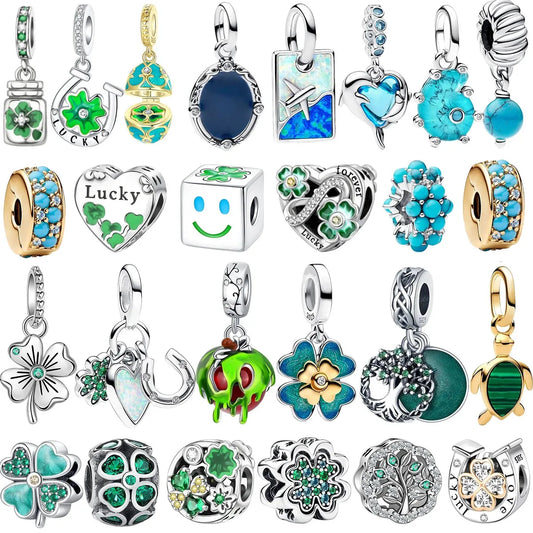 Lucky Four Leaf Clover Dangle Charm Sterling Silver Family Tree Flower Bead Pendant for Bracelets and Necklaces