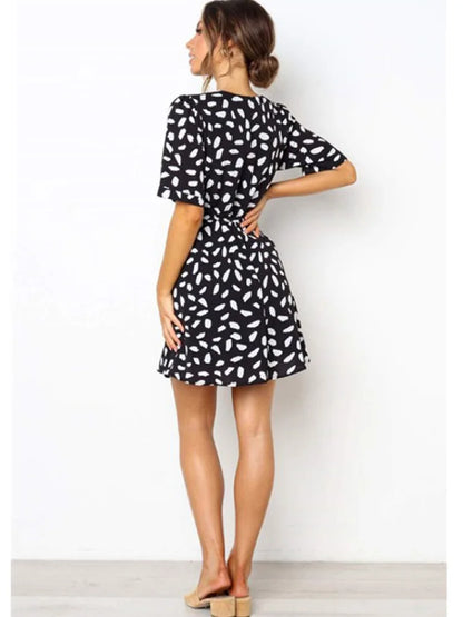 White Sand Spot Mini Sundress Wrap Button V Neck Beach