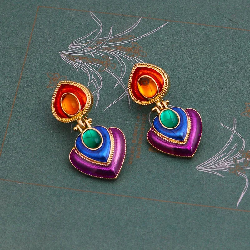 Boho Colorful Crystal Resin Heart Clip-On Earrings for Women Fashion Statement Jewelry