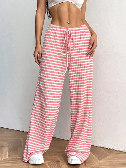 Y2K Striped Printed Long Pants Women Lace Up Straight Leg