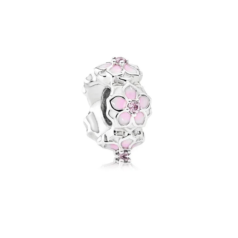 Sterling Silver Pink Blossom Dangle Charm with Butterfly Heart Flower Rose and Bird Bead for DIY Necklace and Bracelet Jewelry