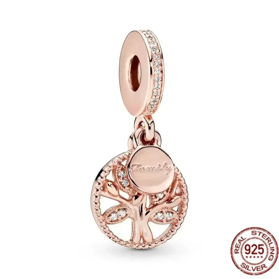 925 Silver Rose Gold Family Tree Heart Beads Charm for Women DIY Necklace Bracelet Jewelry Gift