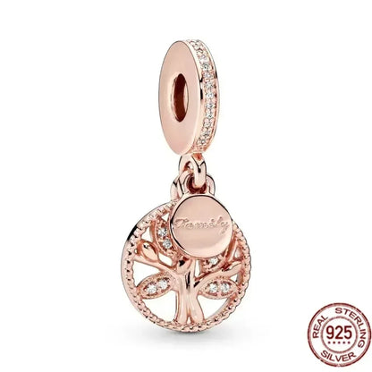 925 Silver Rose Gold Family Tree Heart Beads Charm for Women DIY Necklace Bracelet Jewelry Gift