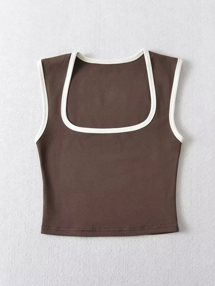 Woman Fashion Slim Solid Contrust Camis Casual Sleeveless Tanks Square Collar Crop Tops Clothing Streetwear Mujer 2024 Y2k