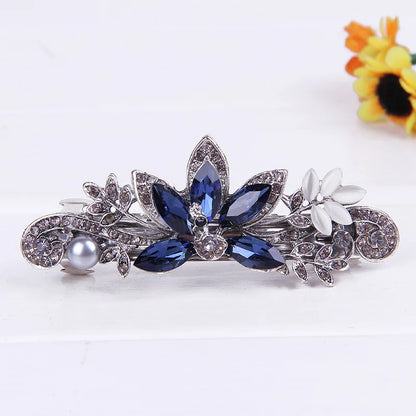 Elegant Red Crystal Flower Bow Hairpin With Vintage Blue Rhinestones