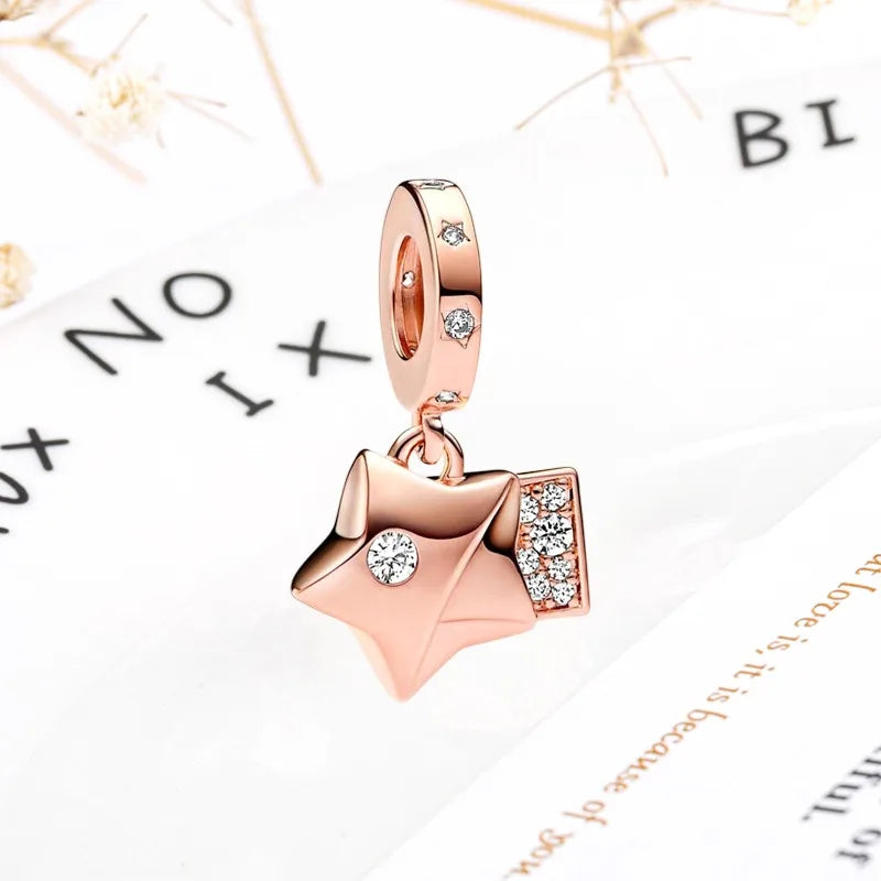 Rose Gold Winged Angel Heart Charm Bead Pink Daisy Spacer