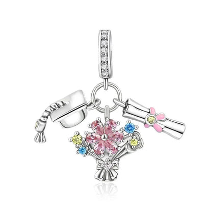 925 Sterling Silver Graduation Mortarboard Charm with Zircon Beads for DIY Bracelet Fine Jewelry Gift