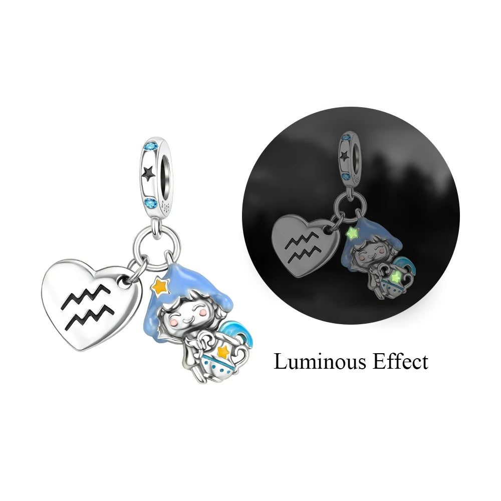 925 Sterling Silver Zodiac Charms with Luminous Stars Zircon Pendants for DIY Bracelets Fine Jewelry Gift