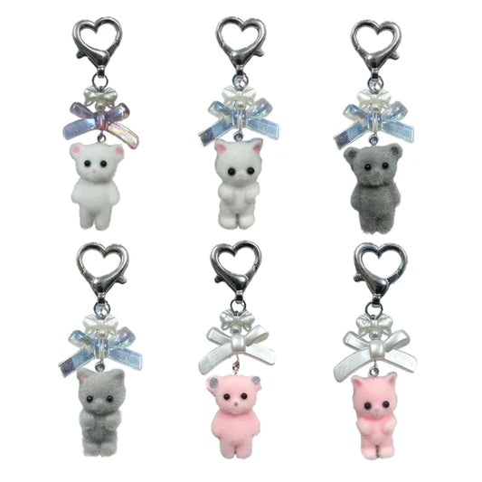 Charming Animal Flocking Keychain with Bowknot Pendant for Women
