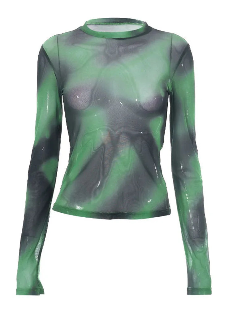 New Dozw Tie Dye Mesh Top For Women Round Neck Slim Fit