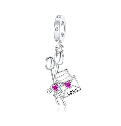 925 Sterling Silver Colorful Flower Charms with Zircon Roses Tulips and Daisies for DIY Necklace and Bracelet Jewelry Gifts