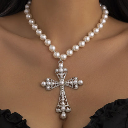 Gothic Pearl Cross Necklace for Women Y2K Fashion Choker with Rhinestone Pendant
