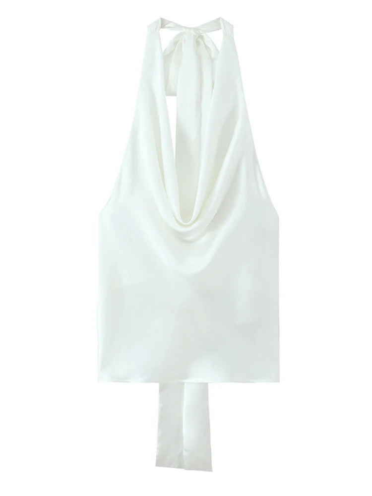 Satin Halter Top With Adjustable Tie Open Back Beach Blouse