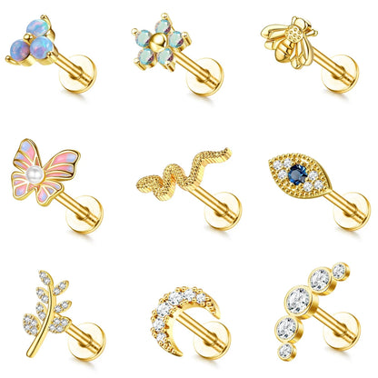 Drperfect 16G Gold Stainless Steel Cartilage Earrings for Women with Flat Back Butterfly Moon Flower Design