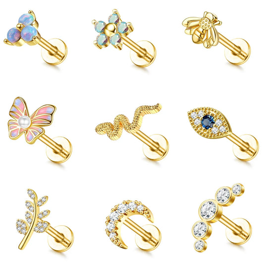 Drperfect 16G Gold Stainless Steel Cartilage Earrings for Women with Flat Back Butterfly Moon Flower Design