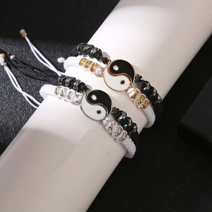 Adjustable Yin Yang Friendship Bracelets Set for Men and Women - Black and White Cord Couple Jewelry Gift