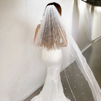 Pearls Bridal Veil Soft 1 Tier Beaded Wedding Veil Cathedral Length with Comb Elegant Wedding Accessories