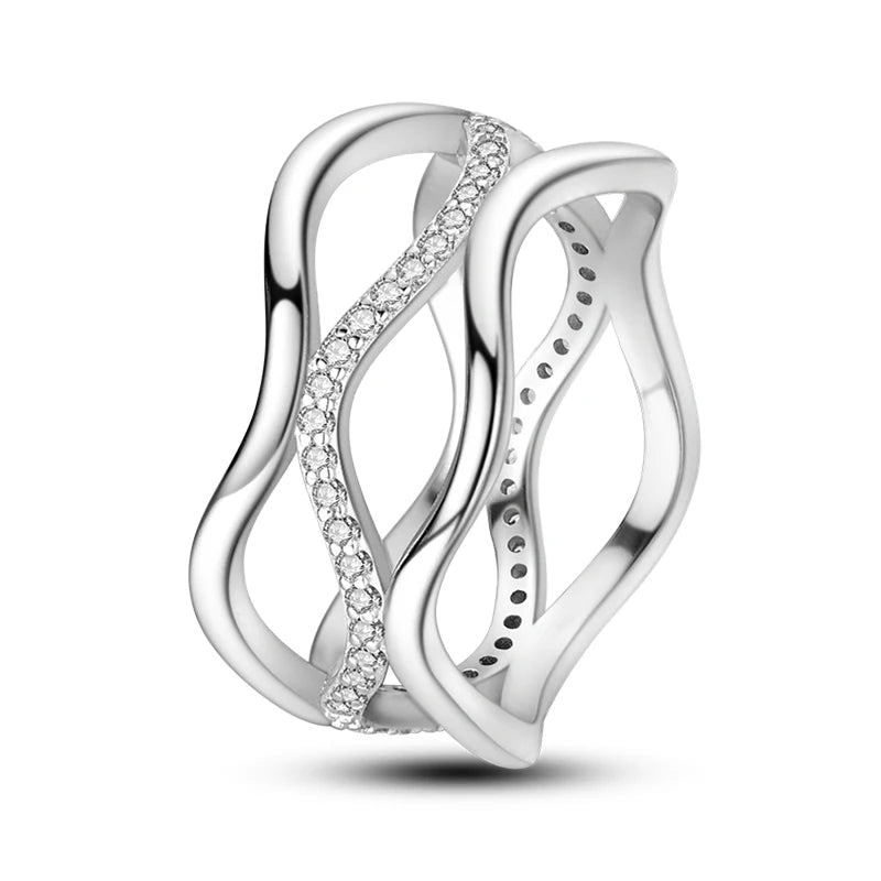 Women's Classic Geometric 925 Sterling Silver Ring with Overlapping Zircon KJR199