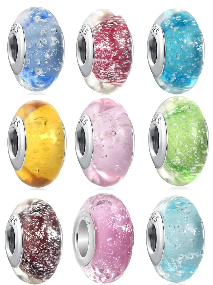 European 925 Sterling Silver Murano Glass Charm Bead in Pink Red Green and Blue for Women’s Bracelet and Necklace Jewelry