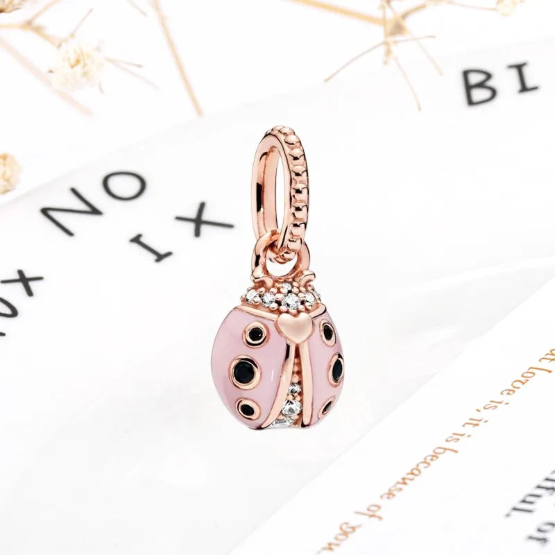 Rose Gold Winged Angel Heart Charm Bead Pink Daisy Spacer