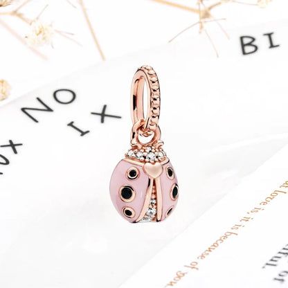 Rose Gold Winged Angel Heart Charm Bead Pink Daisy Spacer