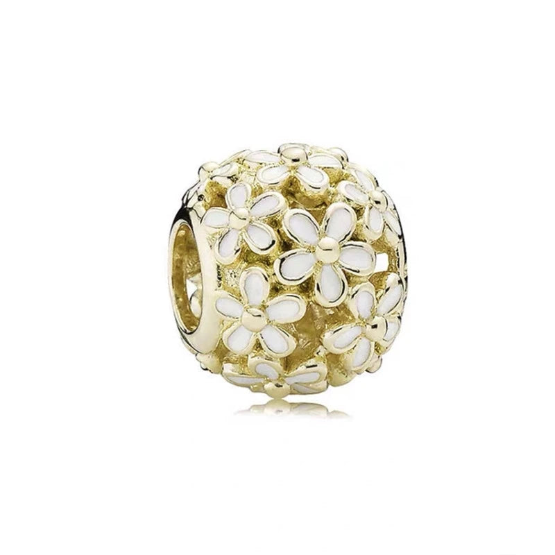 Gold Plated Pink Daisy And Clear Heart Charm Bead 925
